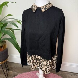 Marled by Reunited Clothing Black Sweater Top w/ Leopard Print Collar & Hem